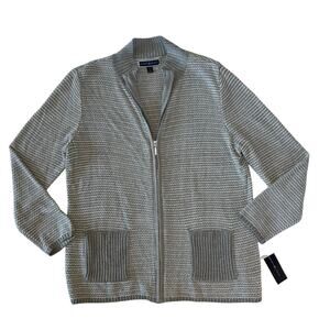 New Karen Scott Text Zip Up Knit Cardigan Gray XL Cottagecore Cozycore Classic